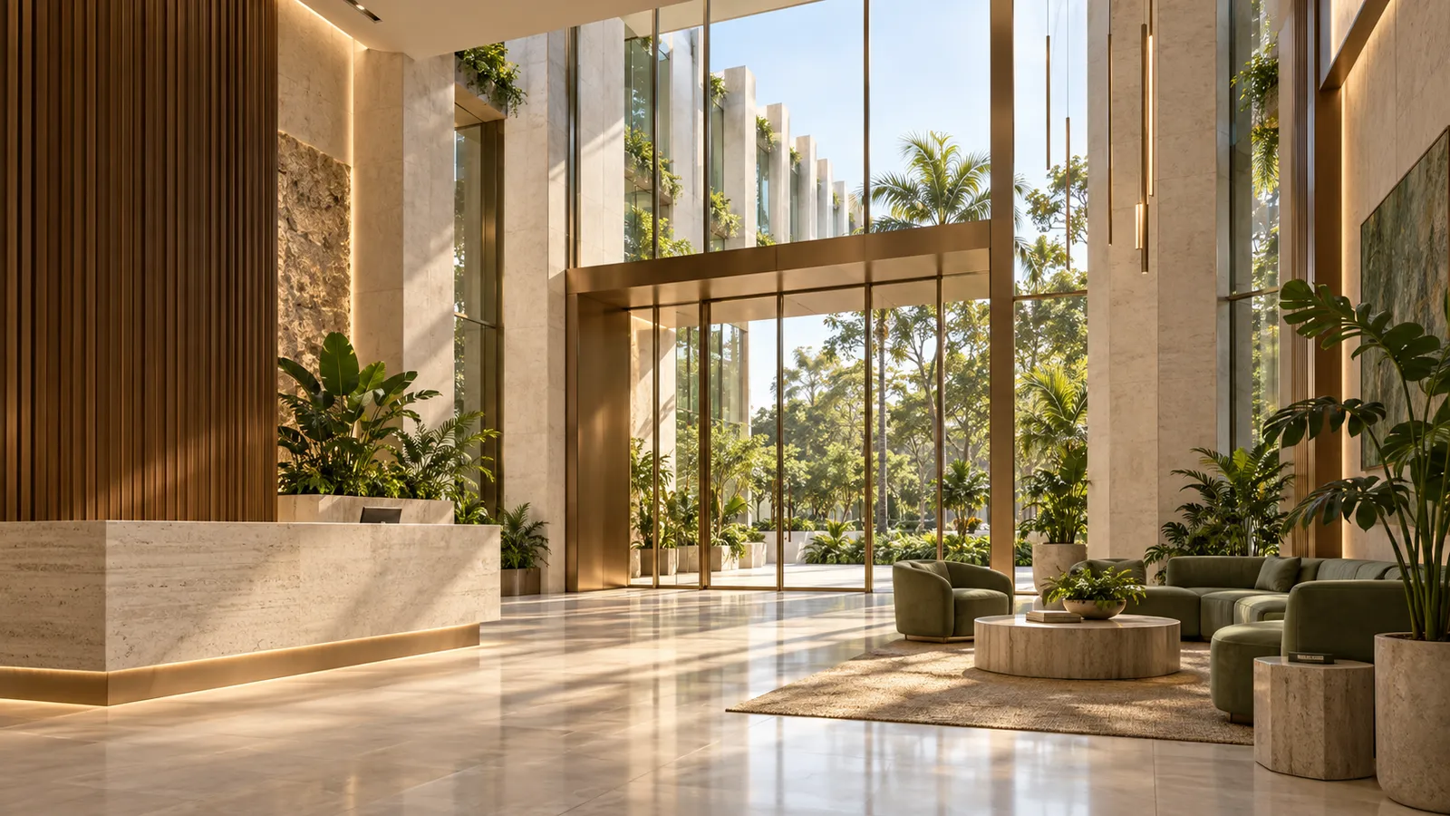 Ilustração de um ambiente corporativo contemporâneo com madeira e iluminação natural.