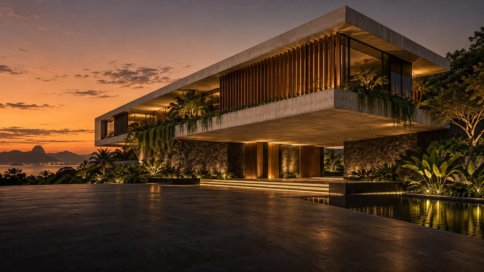 Ilustração arquitetônica de um edifício contemporâneo em concreto e vidro ao entardecer